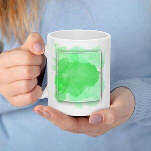 White Ceramic Mug with Green Watercolor Square